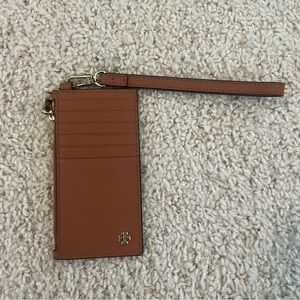 Tory Burch Brown Saffiano Leather Miller Top Zip Card Case